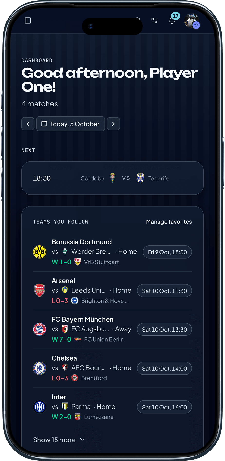 ScorelyLab Dashboard on iPhone — fixtures and picks for teams you follow