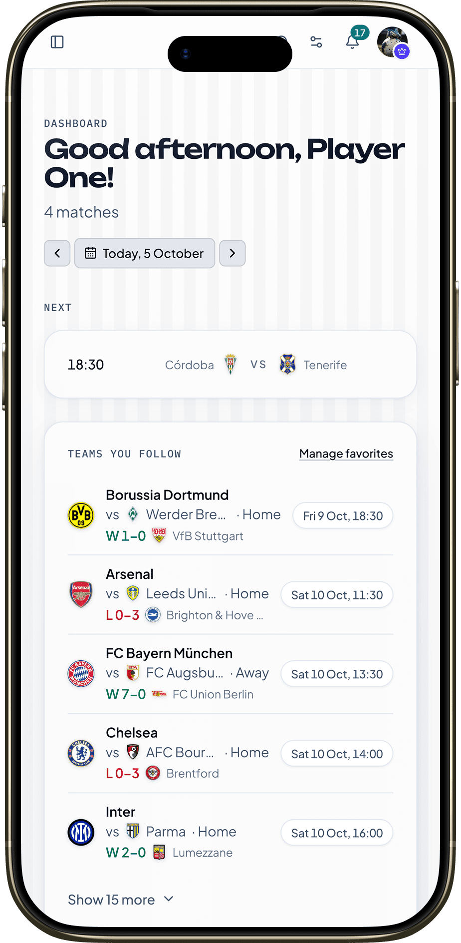 ScorelyLab Dashboard on iPhone — fixtures and picks for teams you follow
